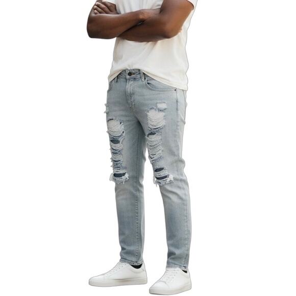 Fredd Marshall Men's Distressed Jeans Sz 30 Light Wash Ripped Slim Fit Straight - Picture 1 of 7